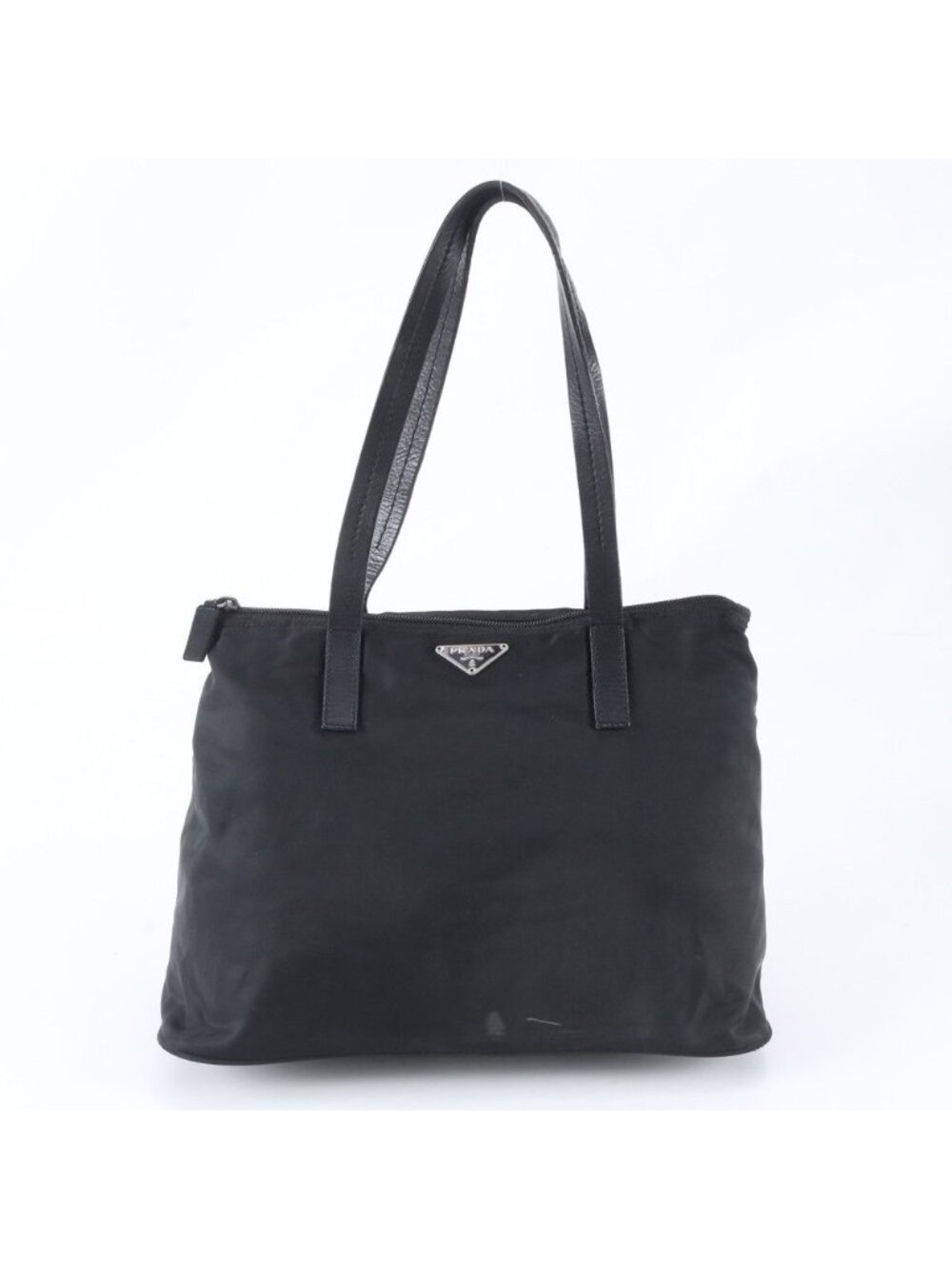 Prada Tessuto Nylon Triangle Logo Leather Tote Bag Shoulder Black